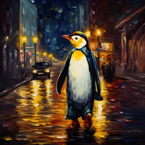 Takım elbiseli bir penguen sokakta koşuyor. 1