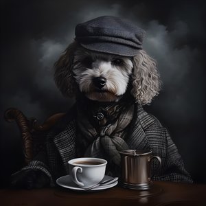 Kültürlü bir fino köpeği bir fincan çay içer, balıkçı yaka kazak ve düz bir şapka takar, dumanlı arka plan 2