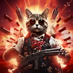 Arka planda patlamalar ve topların olduğu, siyah beyaz puanlı gömlek ve parlak güneş gözlüğü takan bir kedinin film posteri 1