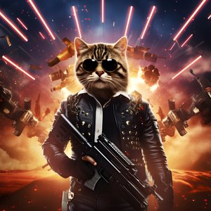 Arka planda patlamalar ve topların olduğu, siyah beyaz puanlı gömlek ve parlak güneş gözlüğü takan bir kedinin film posteri 2