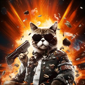 Arka planda patlamalar ve topların olduğu, siyah beyaz puanlı gömlek ve parlak güneş gözlüğü takan bir kedinin film posteri 3