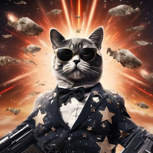 Arka planda patlamalar ve topların olduğu, siyah beyaz puanlı gömlek ve parlak güneş gözlüğü takan bir kedinin film posteri 4