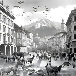 Zarif zebralar, martılar, maymunlar ve kil figürleriyle eski bir fotoğrafta Innsbruck. 2