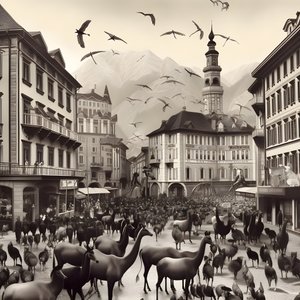 Zarif zebralar, martılar, maymunlar ve kil figürleriyle eski bir fotoğrafta Innsbruck. 4