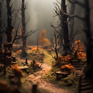 Puslu ağaçları ve ürkütücü atmosferiyle minyatür tilt-shift Cadılar Bayramı ormanı 3