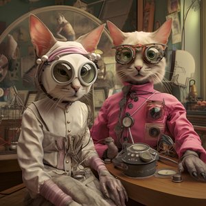 İki antropomorfik kedi, erkek kedi ve kedi, Kubrickian Synthetic 1