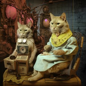 İki antropomorfik kedi, erkek kedi ve kedi, Kubrickian Synthetic 2