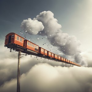 bir iplik tarafından asılı bulutların arasından uçan hızlı hareket eden bir sosyal medya treni 1