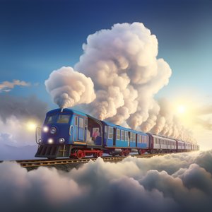 bir iplik tarafından asılı bulutların arasından uçan hızlı hareket eden bir sosyal medya treni 2
