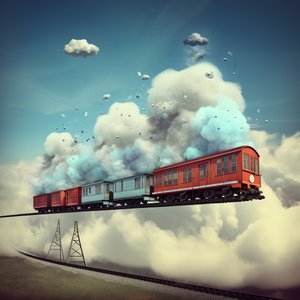 bir iplik tarafından asılı bulutların arasından uçan hızlı hareket eden bir sosyal medya treni 3
