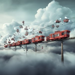 bir iplik tarafından asılı bulutların arasından uçan hızlı hareket eden bir sosyal medya treni 4