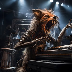 Ürkütücü, kıllı, kırık hayvan animatronik sahne 2'de müzik yapıyor