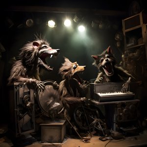 Ürkütücü, kıllı, kırık hayvan animatronik sahne 3'te müzik yapıyor