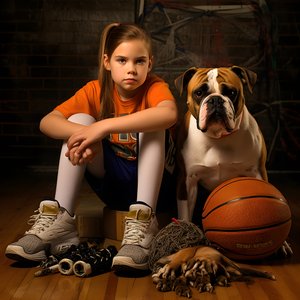 10 yaşında bir kız, elinde 3. resimli bir dosyayla köpeğiyle yerde oturmuş bekliyor.