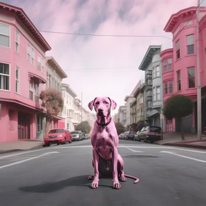 san fransisco 1 şehrinin ortasında pembe bir köpek