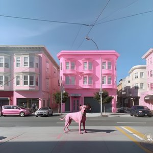 san fransisco 2 şehrinin ortasında pembe bir köpek