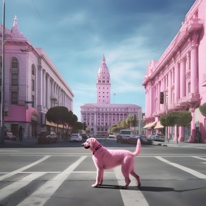 san fransisco 3 şehrinin ortasında pembe bir köpek