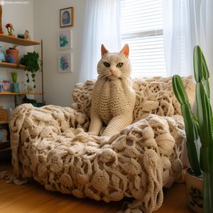 gerçekçi bir oturma odasında dev bir tığ işi kedi 3