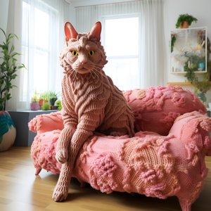 gerçekçi bir oturma odasında dev bir tığ işi kedi 4