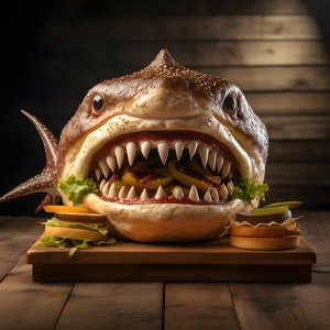 büyük köpekbalığı kafalı çizburger ahşap tahtada sığır eti ile 2