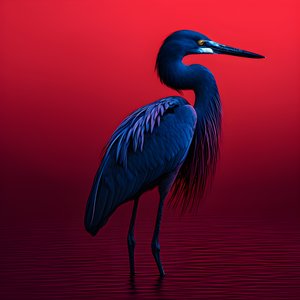 kırmızı kağıt 3 üzerinde egzotik bir kobalt mavisi ak balıkçıldan oluşan synthwave dijital güzel sanat eseri