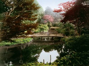 Çiçek açmış Japon süs bahçesi (kart üzerinde el rengi albümen baskı) by Kusakabe Kimbei