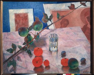 Pembe natürmort. (masanın bir köşesinde, gravürlerin önünde, bir bardak su, bir elma ağacı dalı, erik ve domates). Kuzma Sergeyevich Petrov Vodkin (Petrov-Vodkin) (Kouzma Petrov Vodkin) (Petrov-Vodkin) (1878-1939), yağlı boya by Kuzma Sergeevich Petrov Vodkin