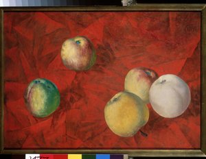 Elma kırmızı bir arka plan üzerinde. (Kırmızı Zemin Üzerine Elmalar). Kuzma Sergeyevich Petrov Vodkin (Petrov-Vodkin) (Kouzma Petrov Vodkin) (Petrov-Vodkin) (1878-1939) tarafından tablo, tuval üzerine yağlı boya by Kuzma Sergeevich Petrov Vodkin