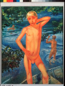 Çocuklar banyo yapıyor. Kuzma Sergeevich Petrov Vodkin (Petrov-Vodkin) (Kouzma Petrov Vodkin) (Petrov-Vodkin) (1878-1939) tarafından tablo, tuval üzerine yağlı boya by Kuzma Sergeevich Petrov Vodkin