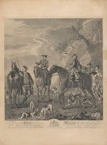 Her biri adsız, yedi kişilik bir set: Sağa Hon'ble. Thomas Lord Viscount Weymouth... Long Leat Hall'daki Orijinal Tablodan. [Kayalık bir arazide dinlenen biniciler ve tazılar.]