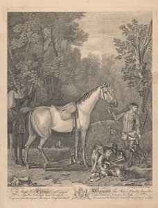 Her biri adsız, yedi kişilik bir set: Sağa Hon'ble. Thomas Lord Viscount Weymouth... Long Leat Hall'daki Orijinal Tablodan. [Bir çiftlik evinin yanında bir köylüden yön soran iki atlı; solda bir kuyu, birkaç tilki ile...]