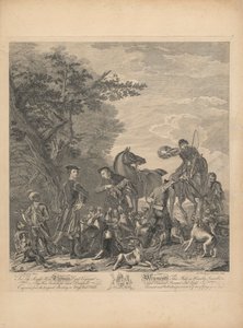 Her biri adsız, yedi kişilik bir set: Sağa Hon'ble. Thomas Lord Viscount Weymouth... Long Leat Hall'daki Orijinal Tablodan. [Öldürme: iki atlı indi, biri tilkiyi haykıran tazıların üzerinde tutuyor; avcı borusunu üflüyor ...]