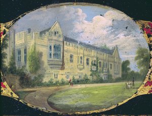 John's College bahçeleri, Oxford'un oval bir kamera hücresiyle süslenmiş Viktorya dönemi dikiş kutusu paneli (kağıt mache) by L. and Bettridge, H. Jennens