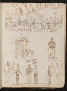 Askerlerin içki içtiği bir kasaba sahnesi, bir pazar tezgahı çalışması, bir Piedmont ulusal muhafızı çalışması, dört askerin çalışması ve çapraz bayraklar by Lady Butler