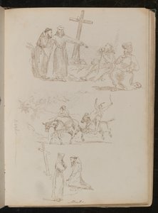 Tahta haçın yanında dört figür, eşeğe değnek tutan iki gencin incelenmesi, iki keşişin incelenmesi, biri tahta haçın önünde diz çökmüş by Lady Butler