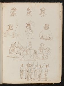 Dört erkek büst çalışması, ikisi şemsiyeli kadın çalışması, at sırtında kadın ve erkek grubu çalışması, asker grubu çalışması by Lady Butler