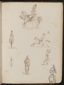 Altı asker çalışması, biri at sırtında "Blues" yazılı, atın önden küçük çalışması by Lady Butler