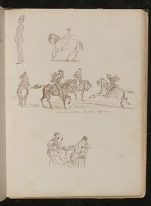 Tam üniformalı asker, at sırtında olta taşıyan bir gencin çalışmaları, atlı dört adam yazılı "Piedmont Süvari Subayları" by Lady Butler