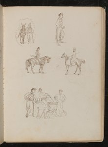 Atlı erkek figürlerinin incelenmesi, sigara içen ve kılıç kullanan askerlerin incelenmesi, ahırlı üç meyve satıcısının incelenmesi by Lady Butler