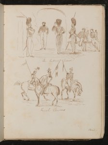 "İmparatorluk Muhafızları" yazılı askerlerin çalışmaları, at sırtında bayraklı askerlerin "Fransız Mızraklıları" yazılı by Lady Butler