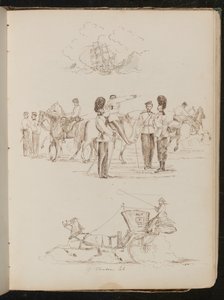 Suda savrulan bir geminin incelenmesi, sekiz asker ve beş atın incelenmesi, bir kadın binici ile bir at ve arabanın incelenmesi by Lady Butler