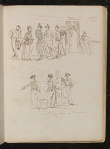 Bir iç mekanda duran sekiz askerin incelenmesi, üç Sardunya askerinin incelenmesi by Lady Butler