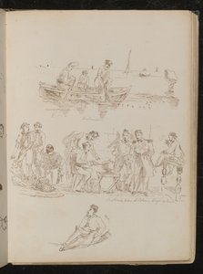 Kayıkta "Balıkçılar" yazılı üç figür, "Piyemonte askerleri meyve alıyor" yazılı sekiz figürlü pazar sahnesi by Lady Butler