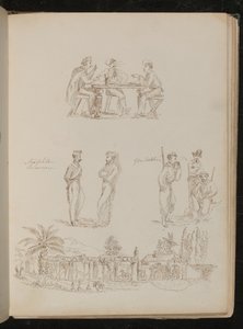 Üç asker kağıt oynuyor, iki "Neopolitan Mahkûm" sohbet ediyor, üç "Garibaldian" rahat ve sigara içiyor, bir Ceneviz villası by Lady Butler