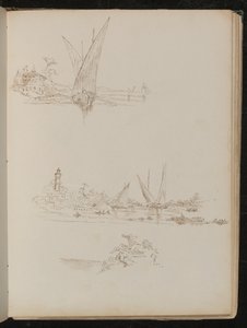 Gemiler, tekneler ve kıyı manzarası üzerine üç çalışma by Lady Butler