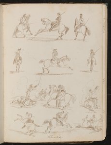 "Gönüllüler" yazan on iki kalem çalışması, at sırtında altı asker, savaşta at sırtında altı asker by Lady Butler
