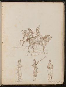 "Cert gardes" yazılı atlı iki asker, topçu ve piyade askerleri çalışmaları by Lady Butler