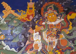 Renkli tanrıları tasvir eden fresk, Lamayuru Budist Manastırı (Lamayuru Gompa), Himalayalar, Ladakh bölgesi, Jammu ve Keşmir eyaleti, Hindistan