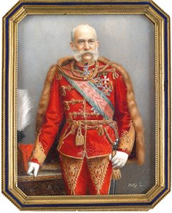 Avusturyalı François Joseph I (1830-1916), Macar üniformalı portresi. Lajos Osko (1865-1922), boynuz üzerine suluboya ve guaj çalışması. Macar sanatı, akademik sanat. Özel koleksiyon. by Lajos Osko