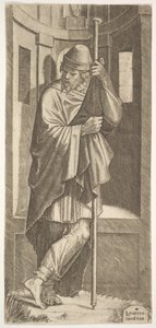 St. James Major bir nişin önündeki bir direğe yaslanmış, sol ayağı sağ ayağının üzerinden geçmiş, fro..., 1545. by Lambert Suavius